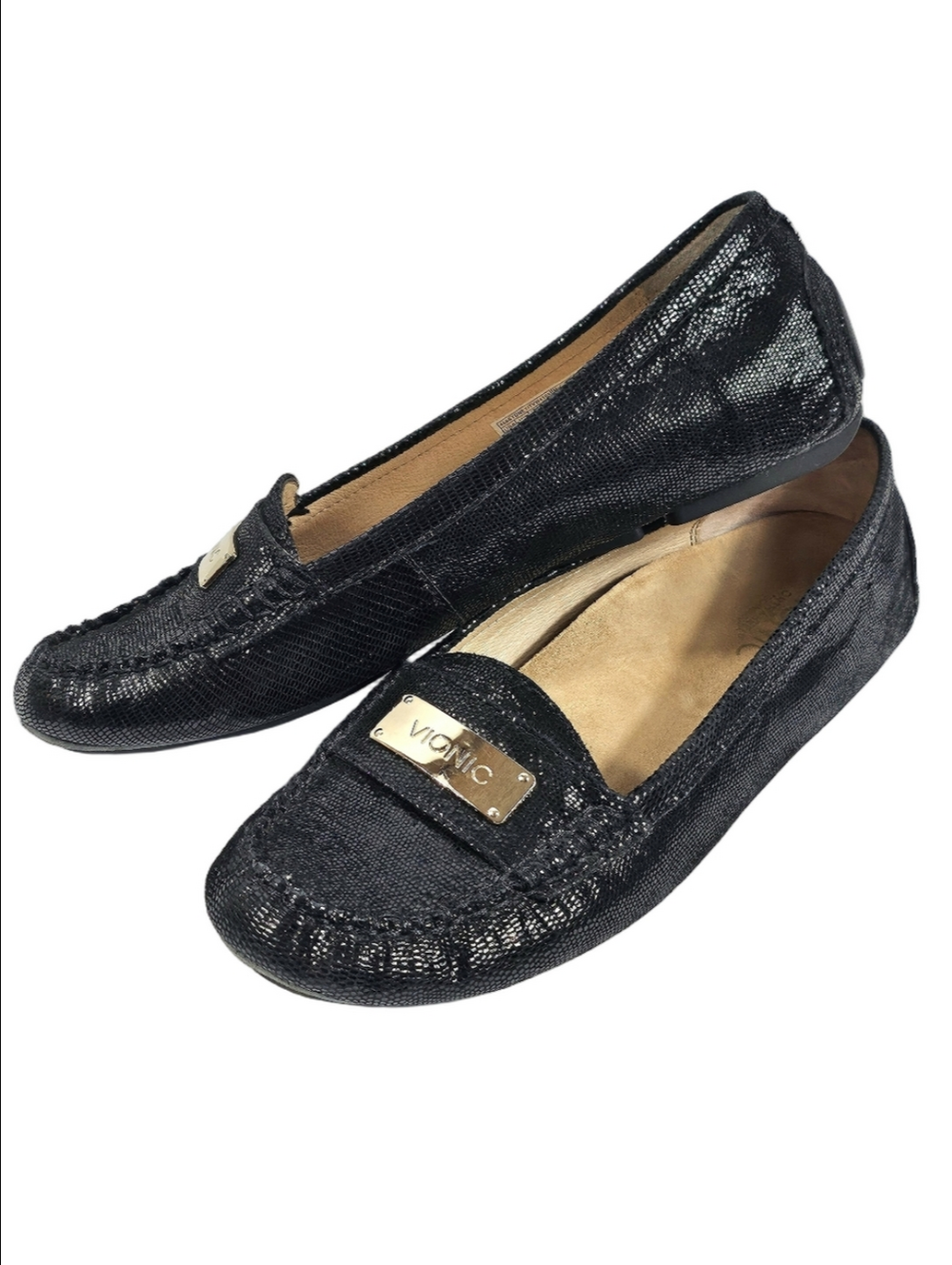 Vionic Sydney Snake Texture Glossy Black Leather Slip On Orthotic Comfort Loafer